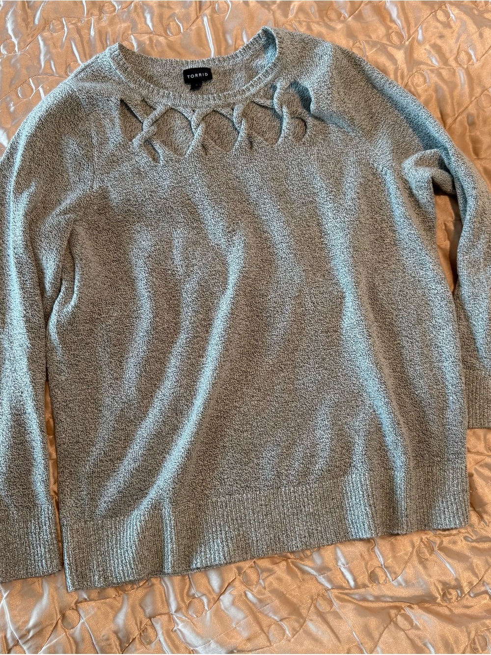 torrid Light Gray Crewneck Sweater with Ladder Cutout